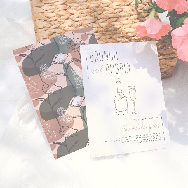 Invitación Boho Floral Verde & Champán Rosado Brunch & Bubbly (Subido por el creador)