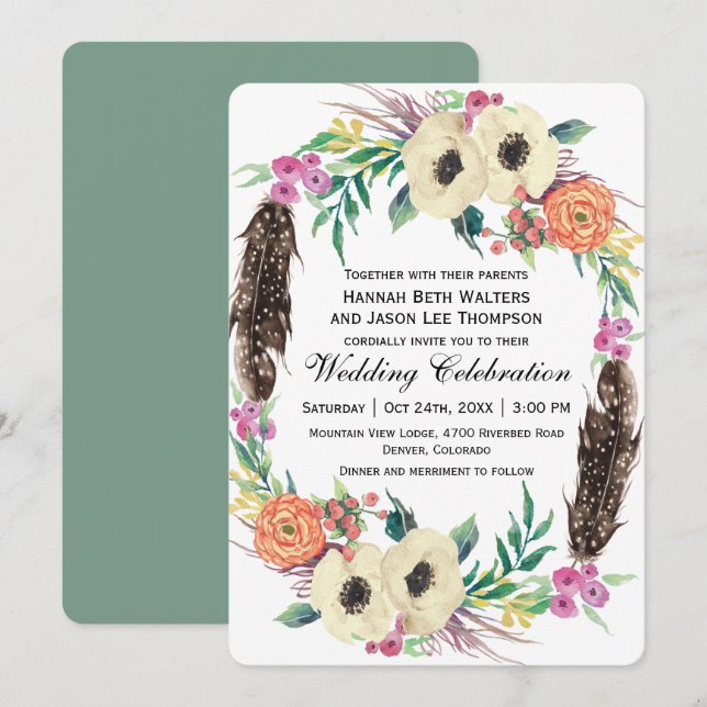 Invitación Boho Floral Watercolor Boda (Anverso / Reverso)