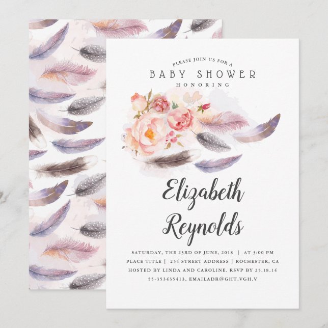Invitación Boho Floral Watercolor Feathers Baby Shower (Anverso / Reverso)
