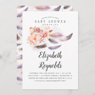 Invitación Boho Floral Watercolor Feathers Baby Shower