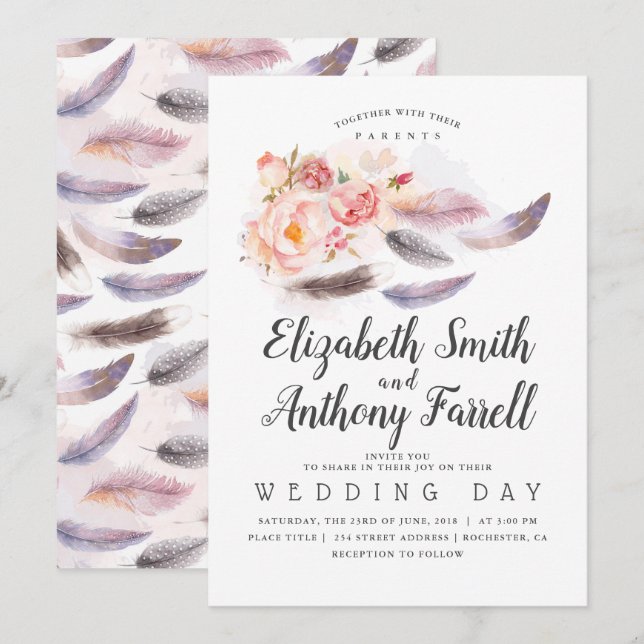 Invitación Boho Floral Watercolor Feathers Boda (Anverso / Reverso)