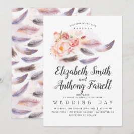 Invitación Boho Floral Watercolor Feathers Boda