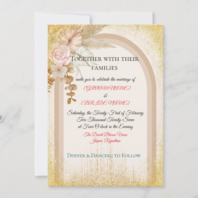 Invitación Boho Floral Wedding Invitation with Gold Sparks (Anverso)
