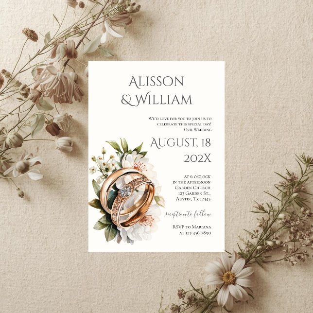Invitación Boho floral wedding invitation with rings (Subido por el creador)