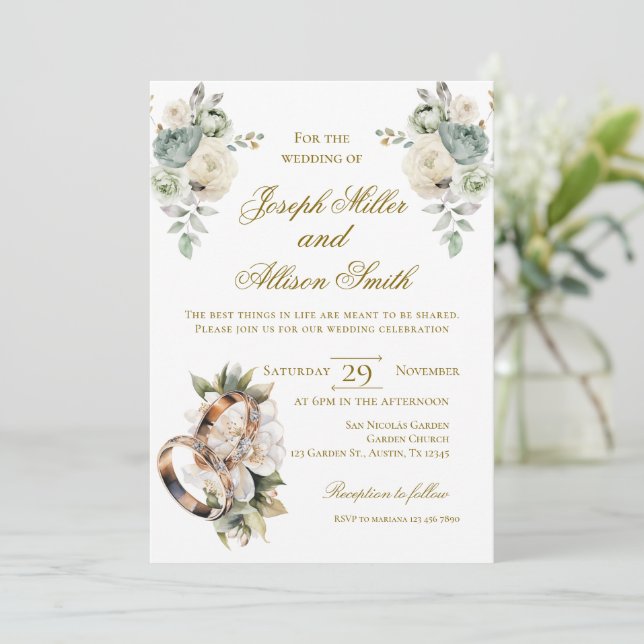 Invitación Boho floral wedding with rings (Anverso de pie)