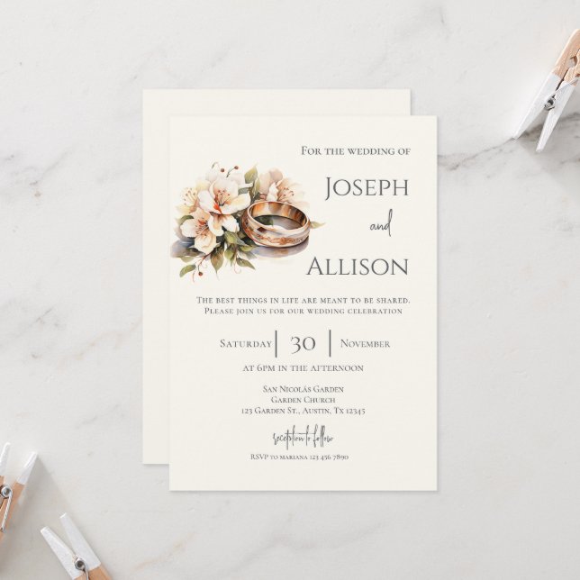 Invitación Boho floral wedding with rings (Anverso/Reverso In Situ)