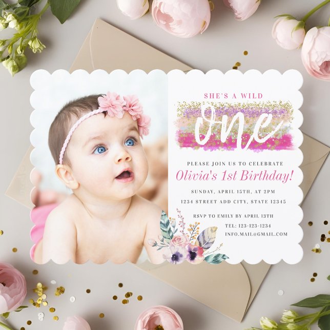 Invitación Boho Floral Wild One Chica foto de primer cumpleañ (Subido por el creador)