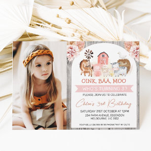 Invitación Boho Floral Wood Farm Foto Cumpleaños