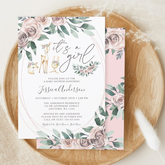 Invitación Boho Floral Woodland Animals Chica Baby Shower (Subido por el creador)