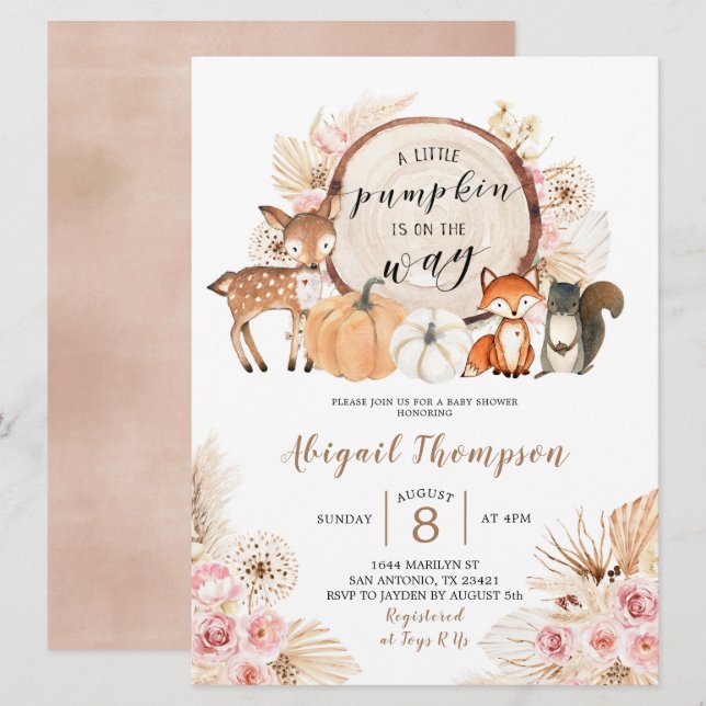 Invitación Boho Floral Woodland Pumpkin Baby Shower (Anverso / Reverso)