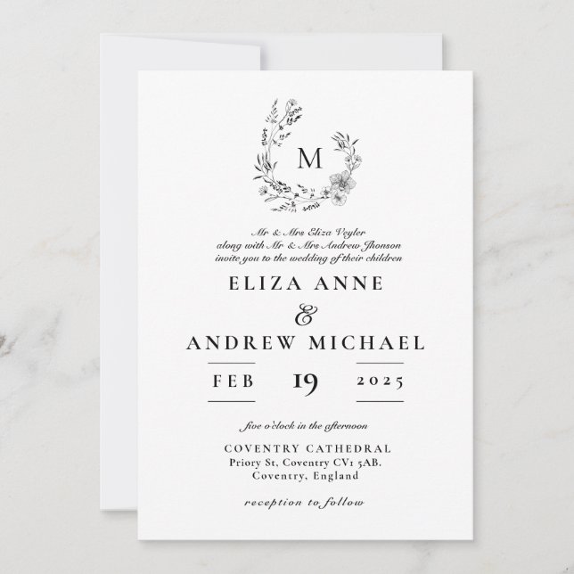 Invitación Boho Floral Wreath Monograma matrimonio personaliz (Anverso)