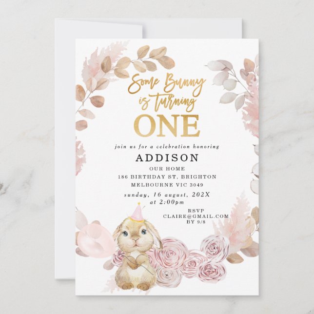 Invitación Boho Floral Wreath un conejo 1er cumpleaños (Anverso)