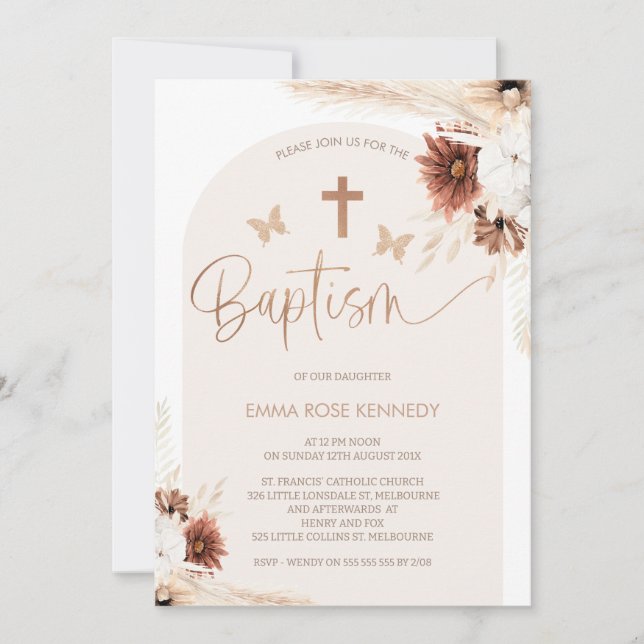 Invitación Boho Floral Y Butterflies Bautismo Arco (Anverso)