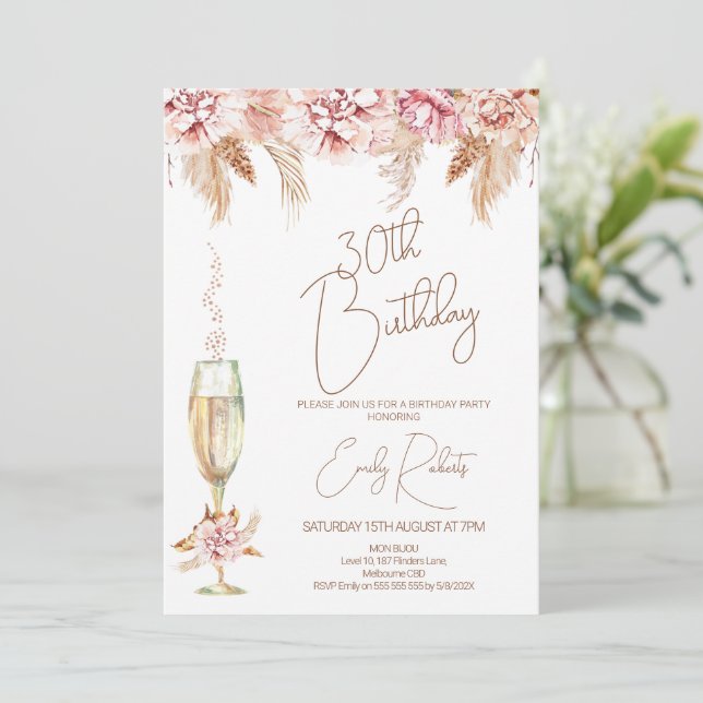 Invitación Boho Floral y Champagne Glass Cumpleaños (Anverso de pie)