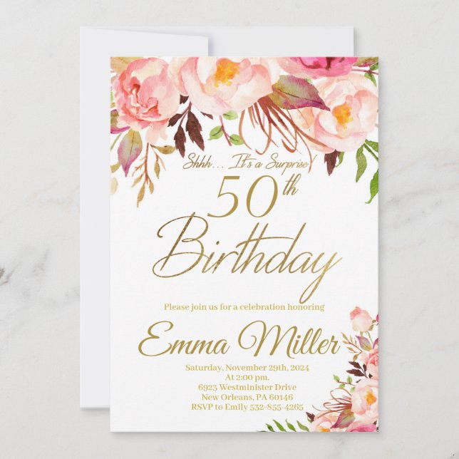 Invitación Boho Floral y Gold Surprise 50 cumpleaños (Anverso)