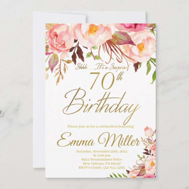 Invitación Boho Floral y Gold Surprise 70 cumpleaños (Anverso)