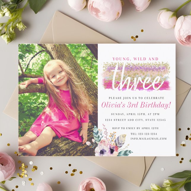 Invitación Boho Floral Young Wild y foto de tres cumpleaños (Subido por el creador)