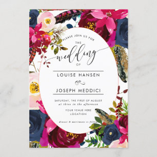 Invitación Boho Florals Boda de color de agua de la Marina de