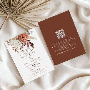 Invitación Boho Florals Brown Cream We Do QR Code Boda