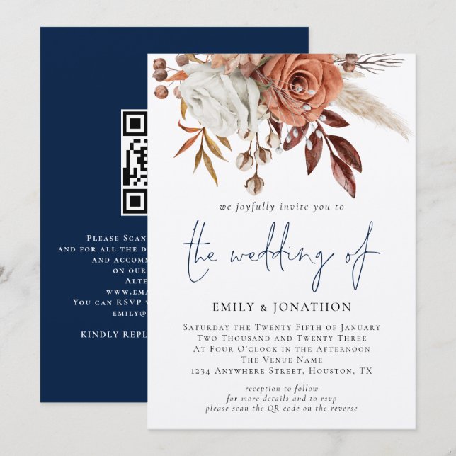 Invitación Boho Florals Código QR Marina Boda azul de inviern (Anverso / Reverso)