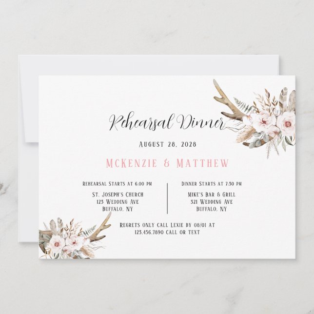 Invitación Boho Florals Con Antlers De Venado Ensayo De Cena (Anverso)
