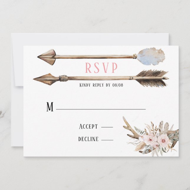 Invitación Boho Florals & Deer Antlers Flechas Bodas RSVP (Anverso)