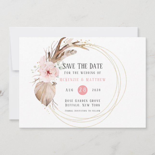 Invitación Boho Florals & Deer Antlers Guardan Las Cartas De  (Anverso)