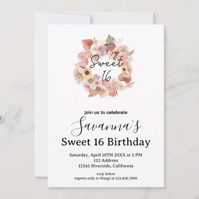 Invitación Boho Florals Personalized Sweet 16 Birthday (Anverso)
