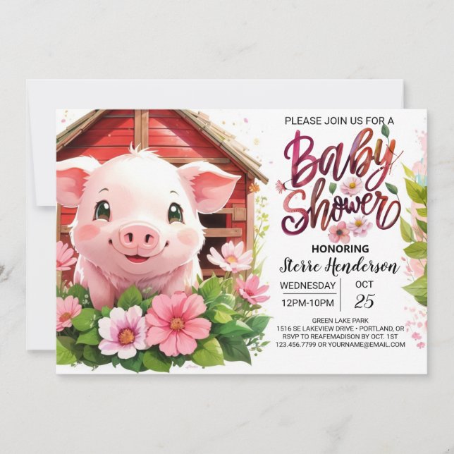Invitación Boho florece en Baby Shower de cerdo rosa (Anverso)