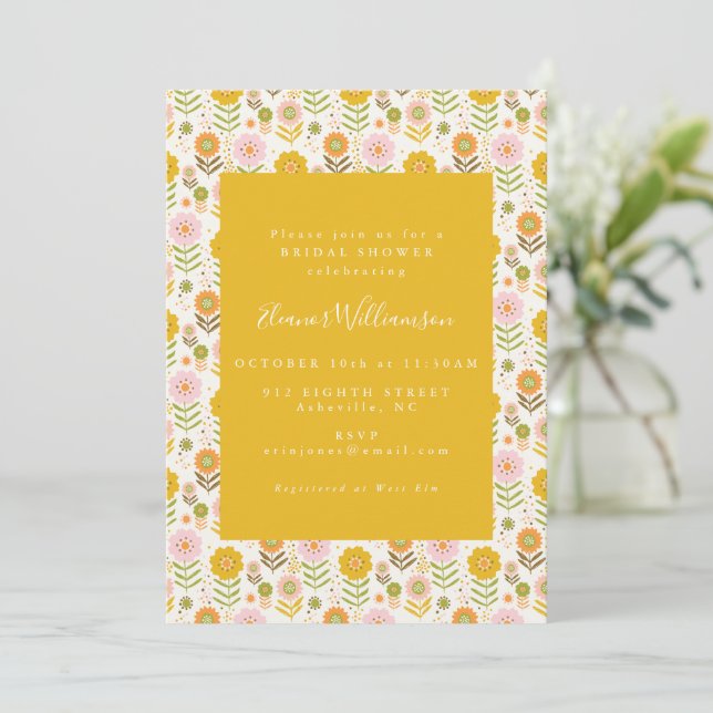 Invitación Boho Flores Amarillas Escandinavas Ducha de Novias (Anverso de pie)