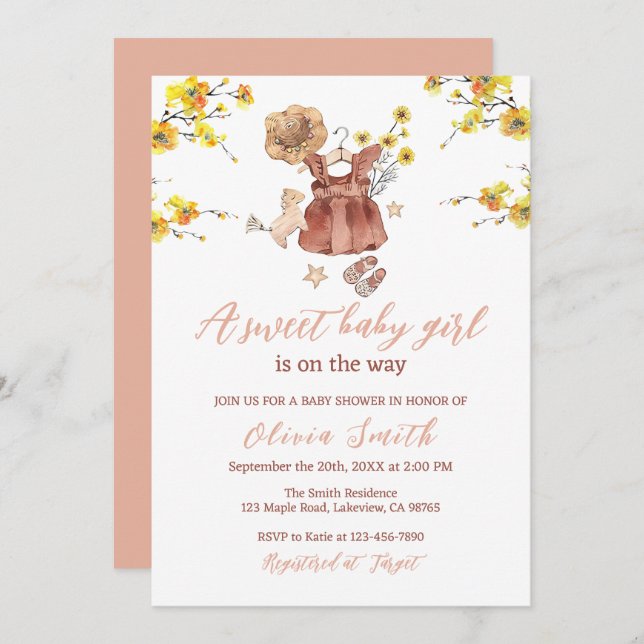 Invitación Boho Flores Amarillas Ropa Dulce Chica Baby Shower (Anverso / Reverso)