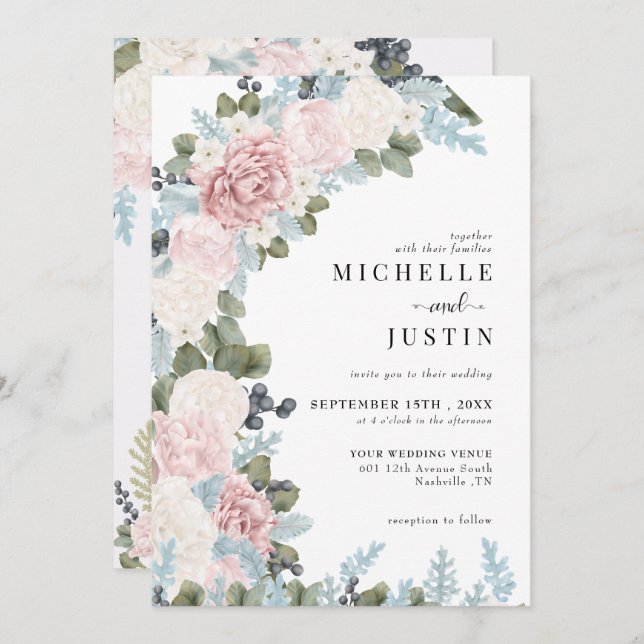 Invitación Boho Flores Boda de Invierno (Anverso / Reverso)