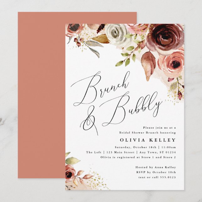 Invitación Boho Flores Brunch & Bubbly Earthy Bridal Shower (Anverso / Reverso)