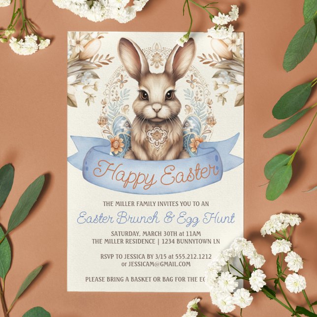 Invitación Boho Flores Bunny Brunch de Pascua y caza de huevo (Subido por el creador)