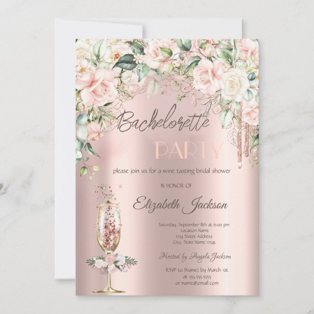Invitación Boho Flores Champagne Glass Bachelorette Party (Anverso)
