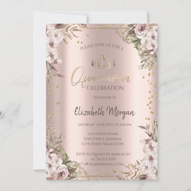 Invitación Boho Flores Diamantes Quinceanera (Anverso)