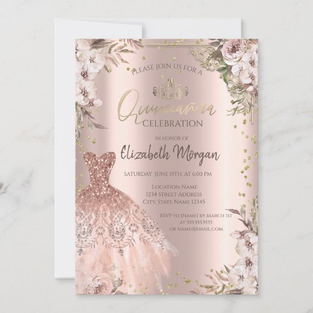 Invitación Boho Flores Diamantes Vestido Quinceanera (Anverso)