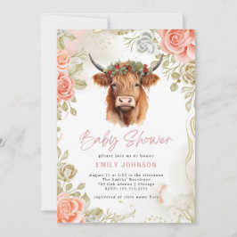 Invitación Boho Flores Highland Cow Baby Shower