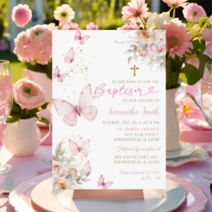 Invitación Boho Flores Mariposas Chica de bautismo Minimalist