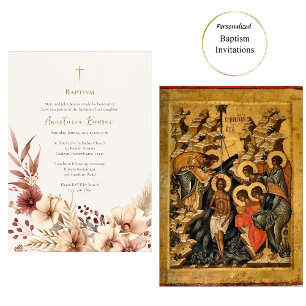 Invitación Boho Flores Pampas Bautismo Ortodoxo Grass