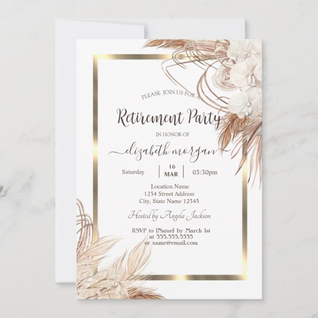 Invitación Boho Flores Pampas Jubilación de Marco de Oro Gras (Anverso)