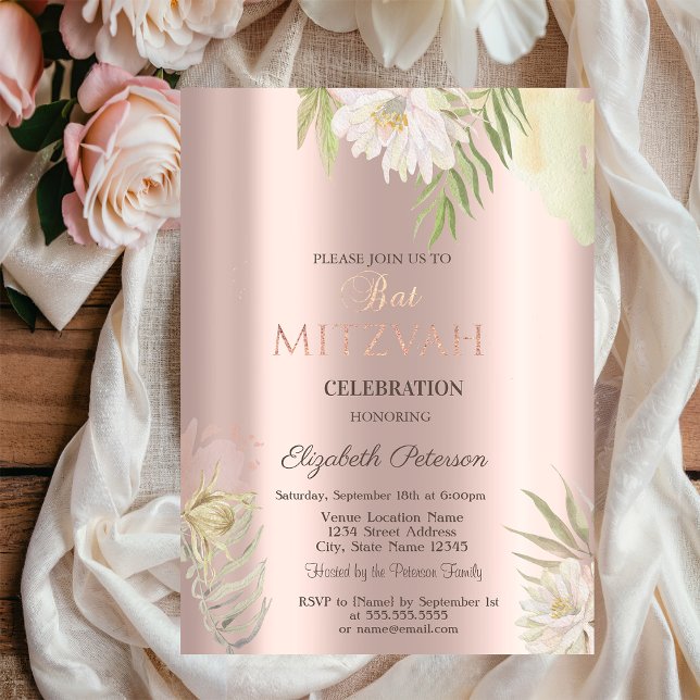 Invitación Boho Flores Purpurinas Dris Rosa Batería de Oro Mi (Subido por el creador)