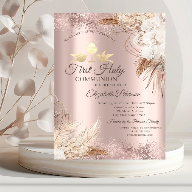 Invitación Boho Flores Rosa Oro Primera Comunión   (Subido por el creador)