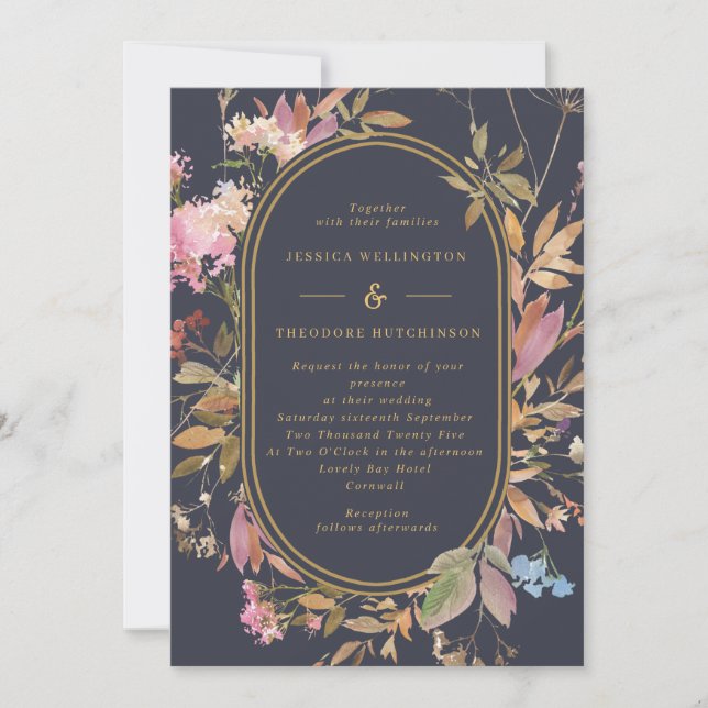 Invitación Boho Flores salvajes Mauve y Boda del marco dorado (Anverso)