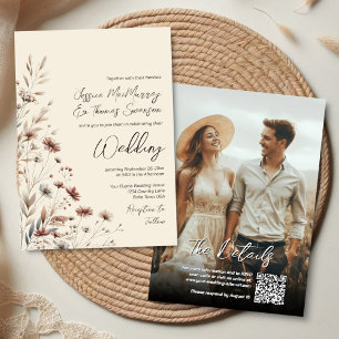 Invitación Boho Flores Silvestres & Código QR de Foto Moderno