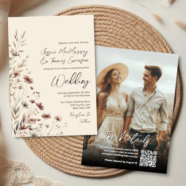 Invitación Boho Flores Silvestres & Código QR de Foto Moderno (Front/Back)