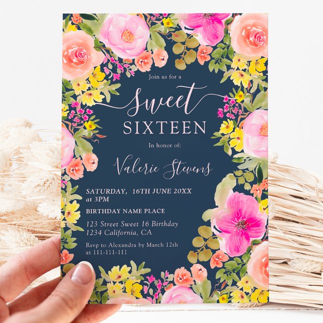 Invitación Boho flores silvestres jardín acuarela Dulce 16 az (Boho wild flowers garden watercolor Sweet 16 Invitation on navy blue)