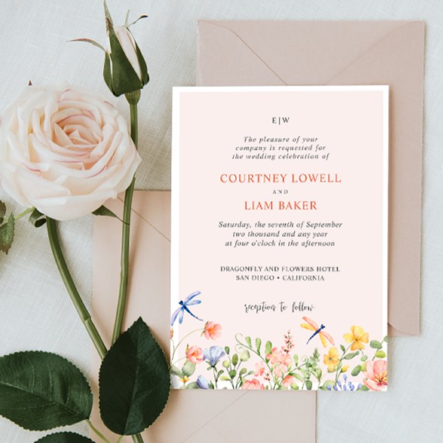 Invitación Boho Flores suaves y Dragonflies Boda Jardín (Subido por el creador)