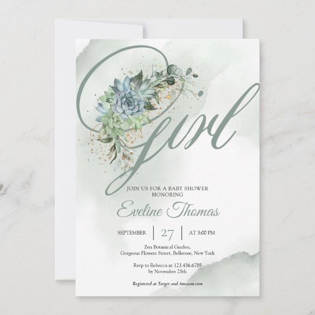 Invitación Boho flores suculentas eucalipto oro Es un Chica (Anverso)