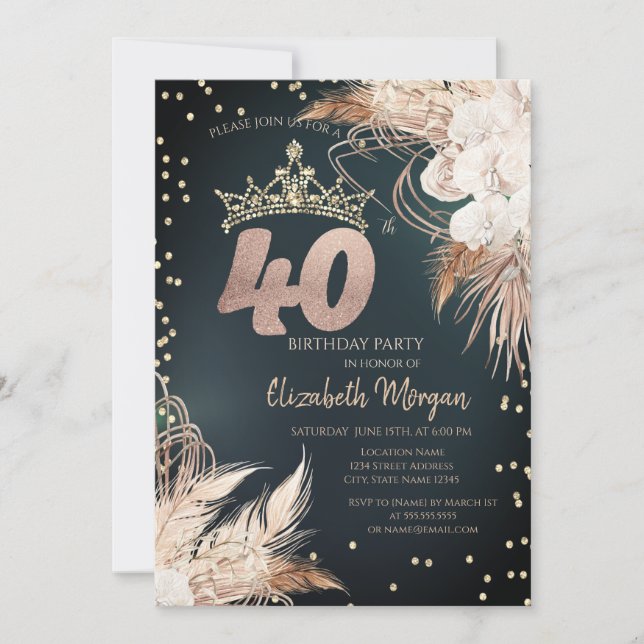 Invitación Boho Flores Tiara Diamonds Verde 40 (Anverso)